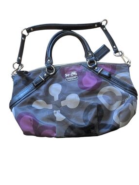 Coach Signature C Satchel Gray Purple Black Nylon Leather Crossbody Bag